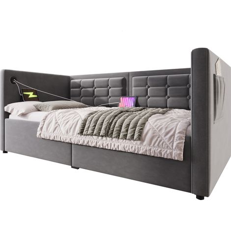 Canapé-lit rembourré 90x200 cm, lit simple avec coffre hydraulique et station de charge USB & USB-C, sommier à lattes en bois, velours gris (sans matelas)