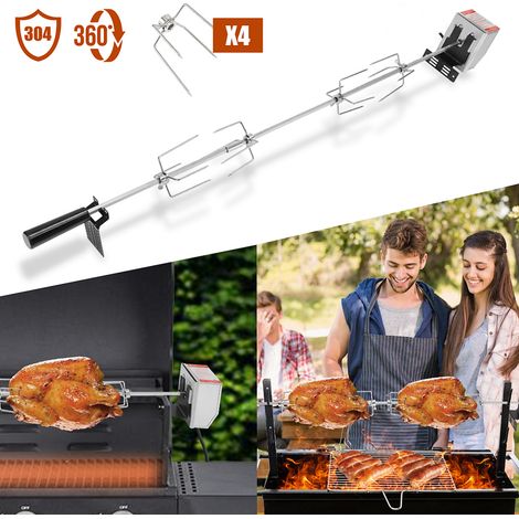 TolleTour 117 cm Edelstahl Grillspieß Set mit Motor 220–240V, Elektrischer Drehspieß inkl. 4 Fleischklammern & 4 Fleischnadeln, BBQ Rotisserie