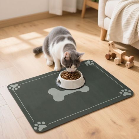Tapis Alimentation Animaux - 1 pièce, Tapis Alimentation Animaux Absorbant 50×30cm - Gris/Anti-Dérapant (1/5)