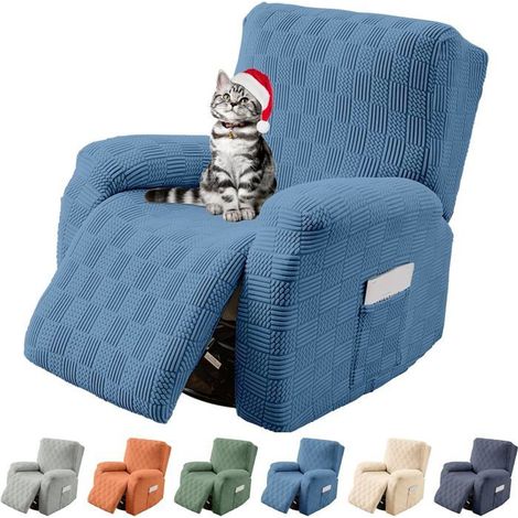 Housse de Fauteuil Relax Extensible 1 Places, Polar Fleece Housse de Fauteuil Relax Inclinable Electrique Complète avec Poche, Bleu (1/5)