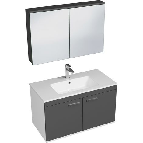 RUBITE Meuble salle de bain simple vasque 2 portes gris anthracite largeur 90 cm + miroir armoire (1/4)