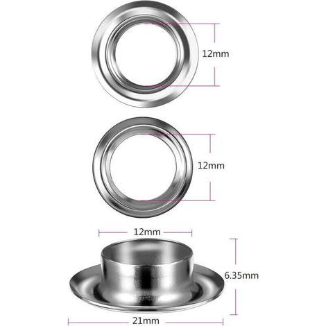 Trousse à œillets Outils 12mm Metal Ensembles Oeillets 100 Set Kit de Grommets Eyelets Kit pour Toile Bâche Tente de Réparation Argent (1/2 Pouce), (1/3)
