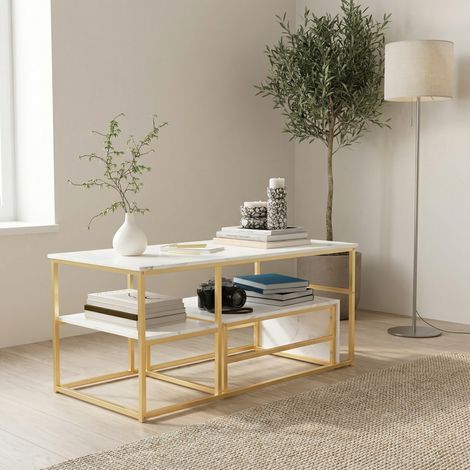 Tavolino da salotto, Set di 2 tavolini sovrapponibili 105cm, Tavolo da caffè versatile e salvaspazio, Metallo e Legno, Design Moderno, Bianco+Oro (1/5)