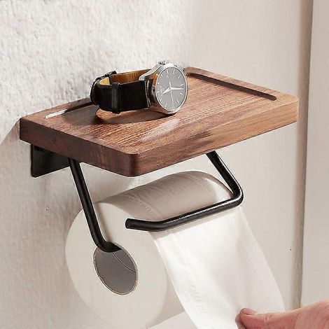 Porte-papier toilette en bois - Porte-papier toilette mural en bois, rangement pour salle de bain, boîte porte-téléphone et rangement pour toilettes, bois de noyer noir. (1/5)
