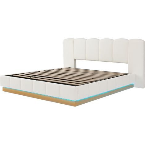 Doppelbett 180x200 cm mit Bettkasten, LED, Kopfteil und Lattenrost, Bouclé weiß MODENUIT (1/5)