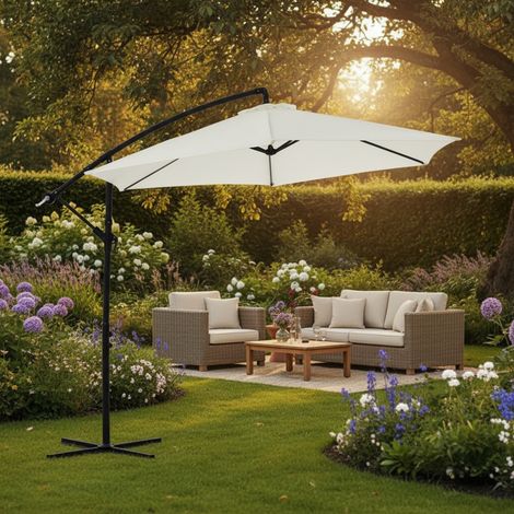Parasol 350 cm Parasol à pied déporté Beige Parasol à manivelle Parasol de jardin Parasol de marché Parasol de plage Parasol de terrasse 3,5 m mètres Dépliable Protection solaire Jardin