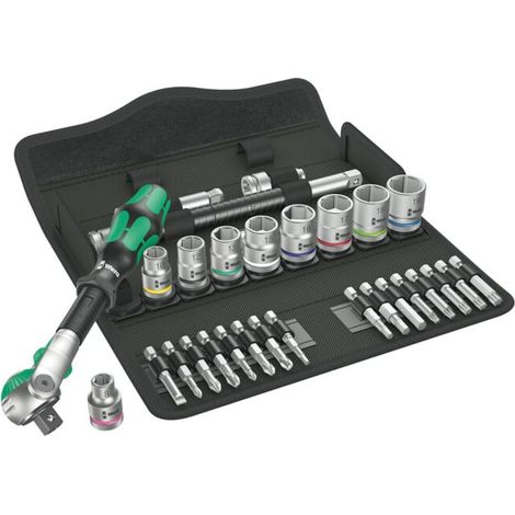 Wera – Coffret cliquet et douilles 29 pièces – Ouverture de clé de 8 à 19 – Denture fine 5° – Tête pivotante – Boîte textile robuste