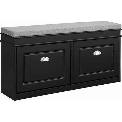 Banc à chaussures d'entrée 2 abattants – Rangement pour 8 paires – Bois laqué noir 104x24x51cm – Coussin amovible – FSR64SCH