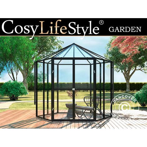 Sechseckige Orangerie aus Glas 3,74m², 2,08x2,4x2,32m, Schwarz - Dancover