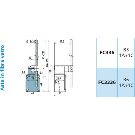 FC3336 1NA + 1NC Interruttore di Posizione con asta fibra di Vetro Finecorsa
