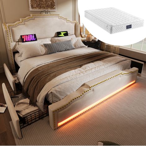 MEUBLIV Bett 140x200 cm Beige – 4 Schubladen, LED und USB-C, mit Matratze (1/5)