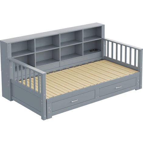 Canapé-lit extensible en bois gris 90 x 190 cm avec 2 tiroirs et étagères dans le dossier (1/5)