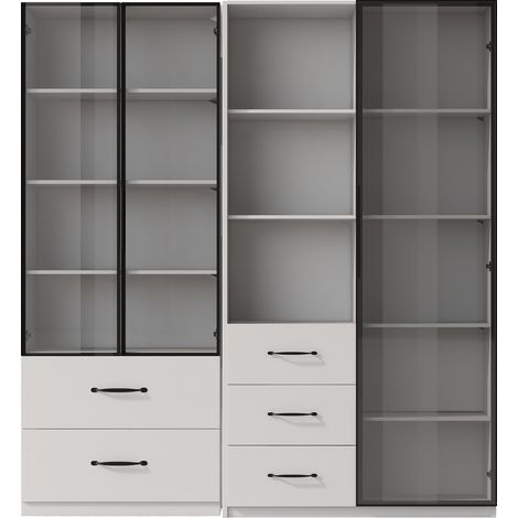 Vitrina LED modular 140x40x160 cm con puertas de cristal, estantes abiertos y cajones, blanco (1/5)