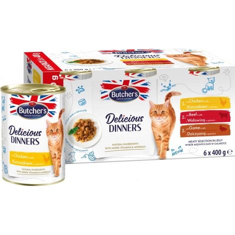 BUTCHER'S Delicious Dinners Selezione di piatti di carne in gelatina - cibo umido per gatti - 24x400g (4x(6x400g))