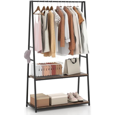 COSTWAY Clothes Rack Home Freestanding Clothes Rack w/ 2 Shelves-Brown (1/5)