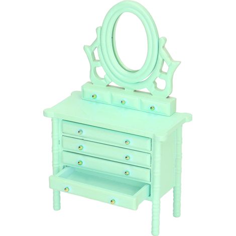 Table de toilette miniature en bois à l'échelle 1:12 avec miroir, verte, pour maison de poupée. (1/5)