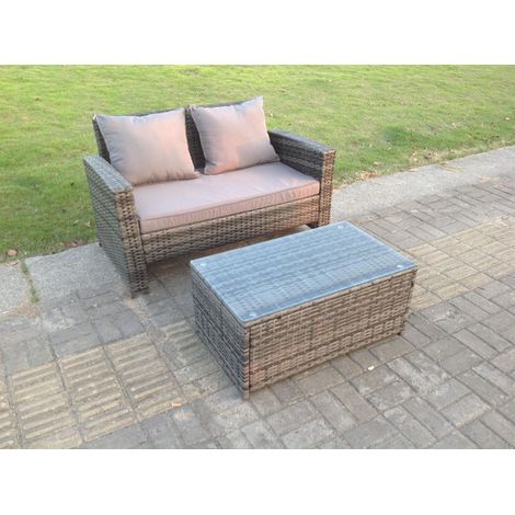 Dark Mixed Grey High Back Rattan Garden Furniture 2 Seater Love Seat Sofa With Oblong Coffee Table (1/2)