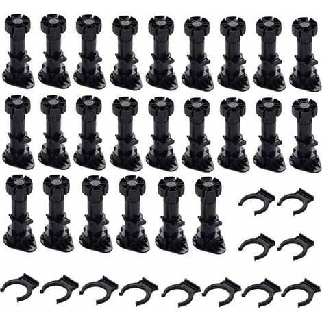 24 pieds de meuble en plastique, pieds de meubles réglables, pieds de meubles en plastique noir avec base de fixation à clip pour meubles de cuisine, armoires et canapés (60 mm - 8 mm) (1/5)