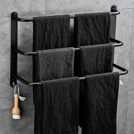 Toallero de acero inoxidable de tres niveles, no requiere taladrar, apto para baño y aseo, 40 cm, negro. (1/5)