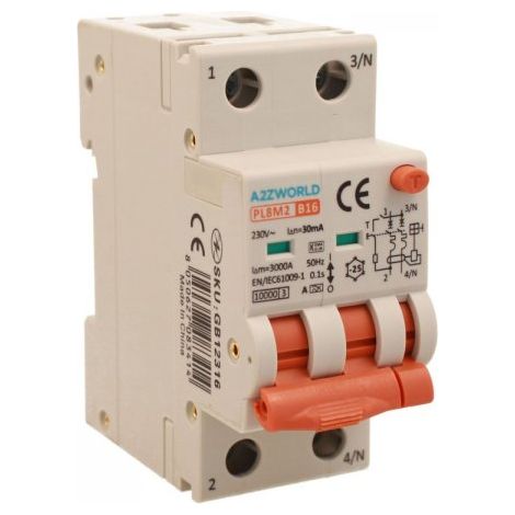RCBO Interruttore Magnetotermico Differenziale Con Doppia Leva Tipo A Curva B 2P 2M 6000A 30mA, Diagnostica Visiva, B16A  AC 230V IP20 IEC61009-1 PL8M2