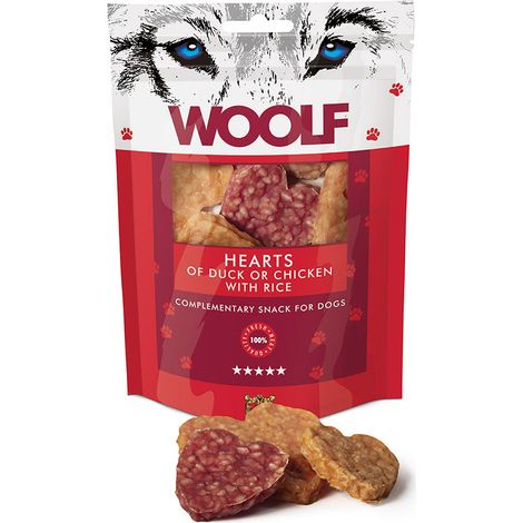 Friandises pour chiens Woolf aux cœurs de canard ou de poulet et au riz 100 g (1/3)