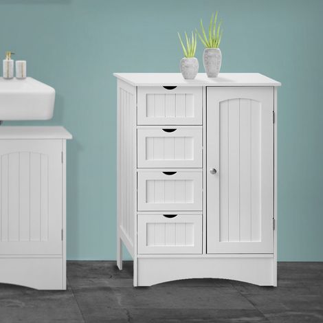 ML-Design Armario Blanco para Baño con 1 Puerta y 4 Cajones 55x81x30 cm, Cómoda Independiente con Mucho Espacio de Almacenamiento Estilo Rústico, Mueble de Madera MDF, Cajonera Multiúsos para Aseo (1/5)