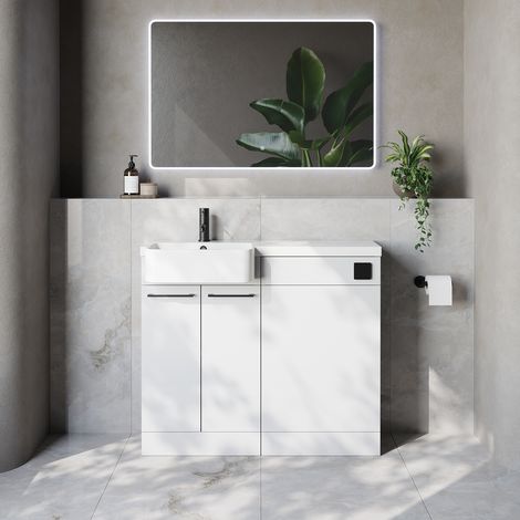 Napoli 250 Gloss White 1000mm 2 Door Vanity Unit Toilet Suite with Left Hand Round Rico Semi Recessed Basin - 1000mm - Matt Black 160mm HandleWithout Kingston Toilet Pan