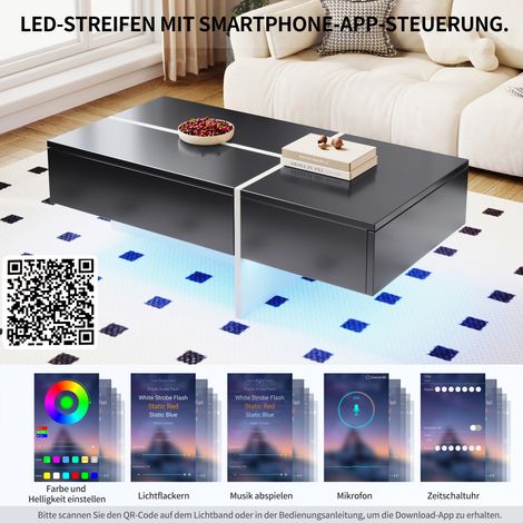 Table basse brillante, structure bicolore noir et blanc, meuble de salon, 100x50x34,5cm, avec système d'éclairage LED piloté par application (1/5)