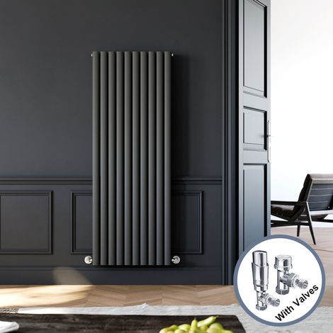 ELEGANT 1600 x 590 mm Modern Vertical Column Designer White Radiator Double Oval Panel Radiator Heater + Chrome Thermostatic Radiator Valves (1/5)