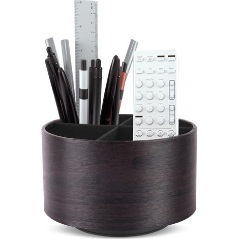 Porte-stylo rond en cuir, rotatif à 360°, pour table de chevet, télécommande TV, organiseur de bureau pour stylos, fournitures de bureau, boîte de rangement (1 marron foncé) (1/5)