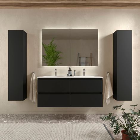 Cygnus Bath – Meuble de salle de bain 120cm noir mat – Vasque en porcelaine résistante aux rayures – Tiroirs à fermeture amortie – Finition facile à nettoyer