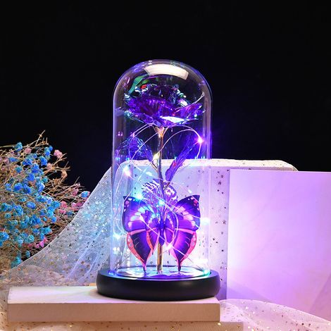 Rose Artificielle Lumineuse - Dôme En Verre - LED Violet - Cadeau Pour Saint-Valentin Anniversaire Ou Fête Des Mères - 1 Pièce (1/5)