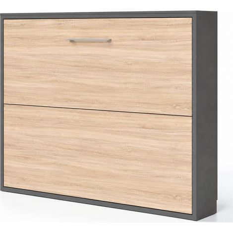 Lit escamotable horizontal KLIKA - Sommier à lattes - Poignée acier brossé 54cm Gris anthracite Sans matelas-150x200-Cadre Anthracite-Façade Chêne clair (1/5)
