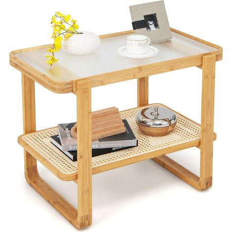 COSTWAY Tavolino Laterale in Bambù, Tavolino da Salotto a 2 Ripiani con Piano in Vetro e Ripiano in Rattan PE, Tavolino Basso e Multiuso per Camera da Letto e Soggiorno (1/5)