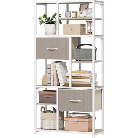 6-stufiges Bücherregal mit 2 Stoffschubladen und 9 offenen Fächern, 72,5 x 30 x 150 cm, weiß