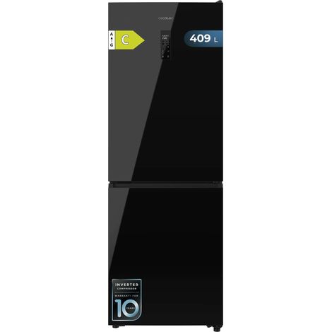 Frigorifero combinato inox, alto 185,5 cm e largo 59,5 cm, con capacità di 322 litri, compressore Inverter Plus, Total No Frost, distributore d'acqua, classe energetica E e sistema Multi Air Flow.