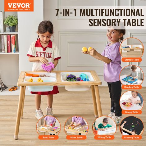 Table d'Activités pour Enfants, Table d'Exploration Sensorielle en Bois, Table d’Eau et de Sable avec 3 Bacs de Rangement et Tableau Double Face, Intérieure/Extérieure, pour Dessiner et Étudier (1/5)