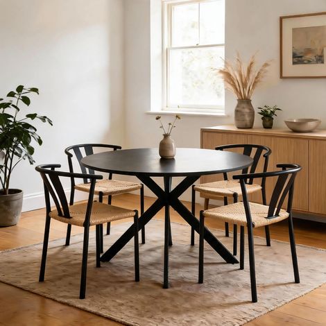 Eira Black 120cm Round Dining Table Set with 4 Natural Woven Dining Chairs (1/5)