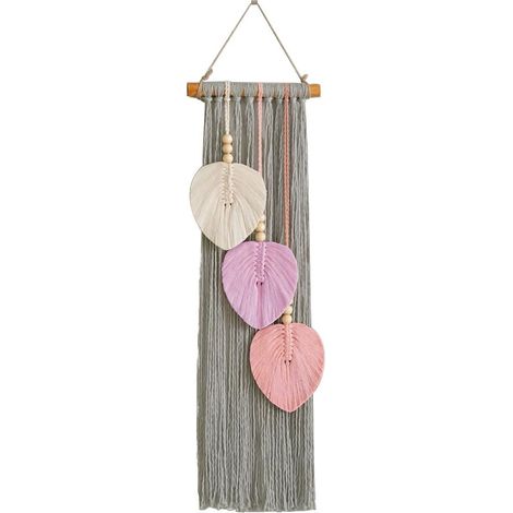 Tapiz de pared de algodón rosa, alfombra decorativa con forma de hoja, tejida a mano para el dormitorio. (1/2)