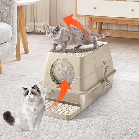 Grande litière en Acier Inoxydable avec Couvercle, Configuration à 2 Portes, pour Grands Chats, Facile à Nettoyer, en métal, avec pédale de Filtre à Sable et Pelle à litière, Kaki (1/5)