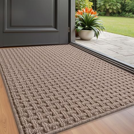 Tapis de Porte Intérieur Lavable pour Entrée 60 x 90 cm, Paillasson Attrape-Saletés avec Surface Absorbante et Dos Antidérapant en Caoutchouc, Tapis d’Entrée, Beige (1/5)