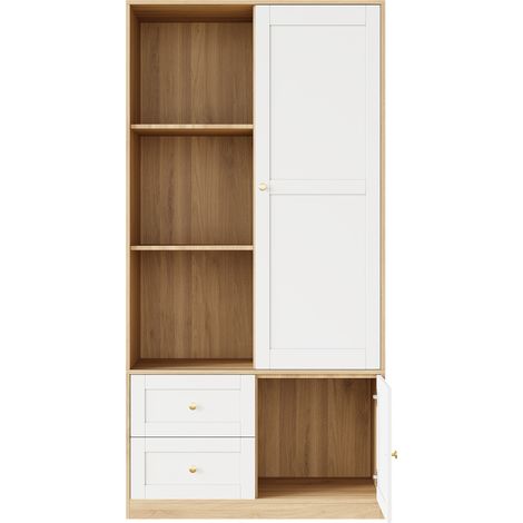 Armoire à portes coulissantes avec penderie et 2 tiroirs, blanc et aspect bois, 80 x 46 x 141,5 cm (1/5)