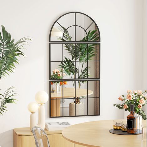 Miroir mural triptyque à cadre métallique noir, 3 éléments dont une arche de 76 x 43 cm et deux panneaux rectangulaires de 76 x 53 cm, verre 4 mm - CHICFURN (1/5)