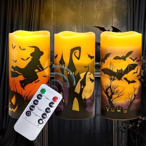 Flammenlose LED-Halloweenkerze, Halloween-Dekorationskerze, LED-Säulenkerze mit Fernbedienung und Timer, batteriebetrieben, aus echtem Wachs, für gruselige Halloween-Dekorationen (1/5)