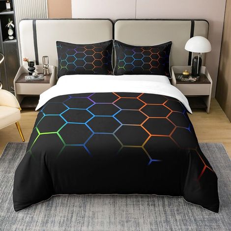 Geometric Housse de Couette 100% Coton nid d'abeille Housse de Couette Enfants garçon Fille Multicolore Hexagone Orange Bleu Rouge Noir décoratif Ensemble lumière literie 140x200cm Zip - 140 x 200 cm (1/5)