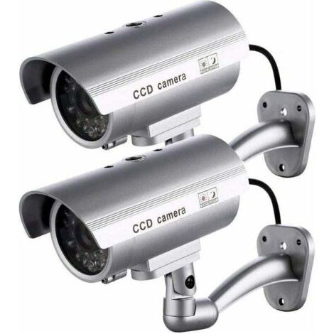 Lot de 2 caméras factices, caméras extérieures factices pour utilisation intérieure ou extérieure, avec forme de balle et LED clignotante, RTGPT (Argent)