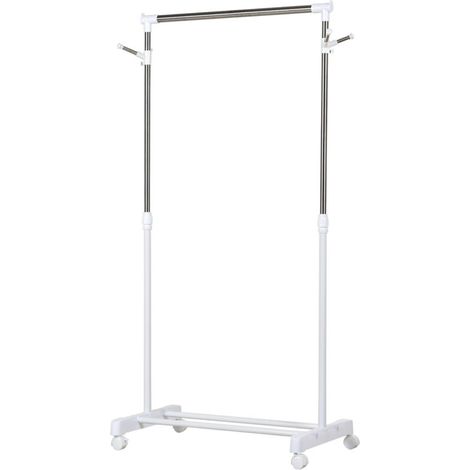 Portant à vêtements, penderie vêtement en acier avec support à chaussures et crochets latéraux, argent et blanc