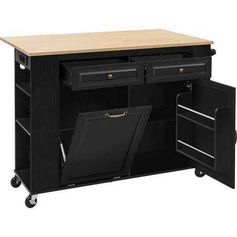 Isla de cocina con ruedas, mesa extensible, MDF, negra y madera, con enchufe y soporte basura (1/5)