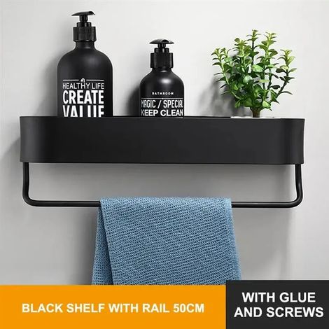 Étagère de salle de bain nordique (50 cm, noire avec barre) - Fixation murale sans perçage - Porte-serviettes de bain - Panier de rangement noir pour douche - Accessoires de salle de bain (1/5)