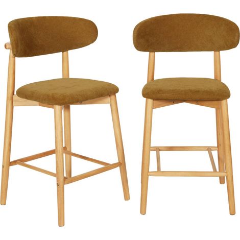 Lot de 2 tabourets de bar en bois d'hévéa naturel et tissu chenille - Paola Naturel / Moutarde (1/5)
